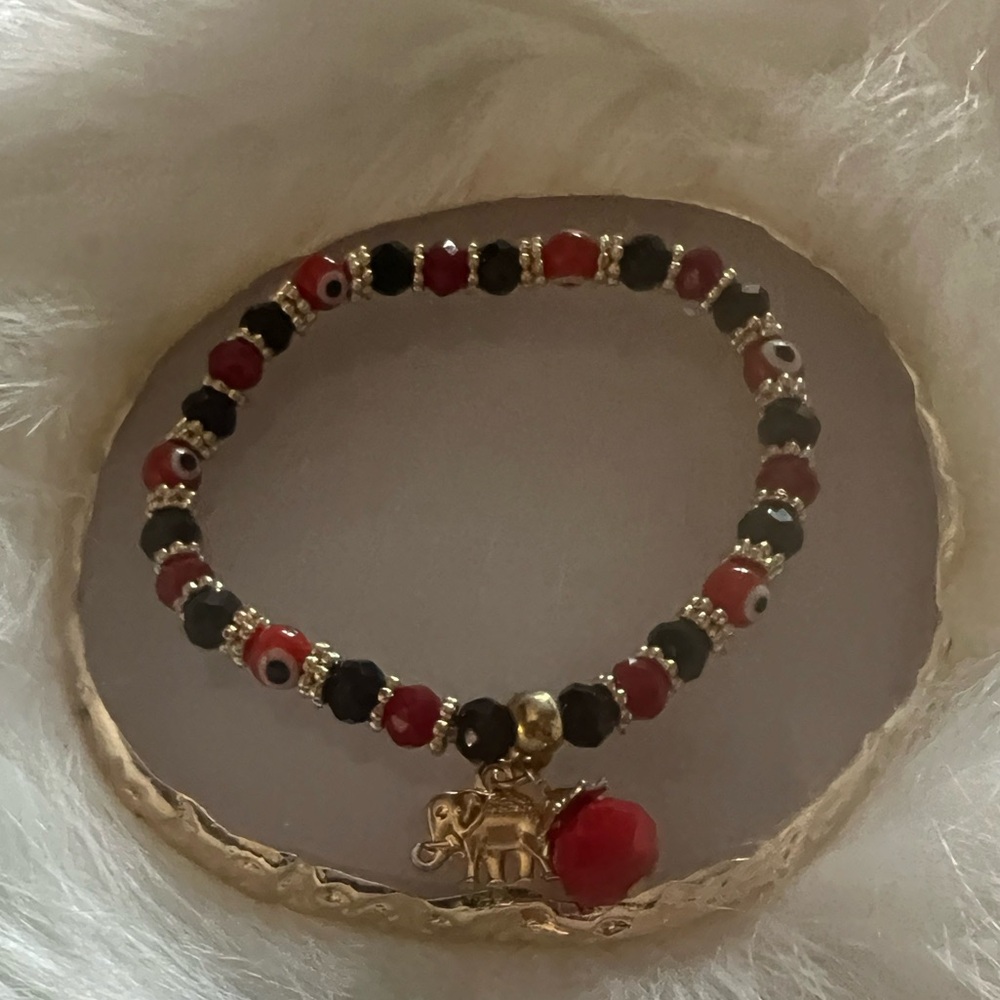 Evil Eye Bracelet with Red & Black Beads and Gold Elephant Charm